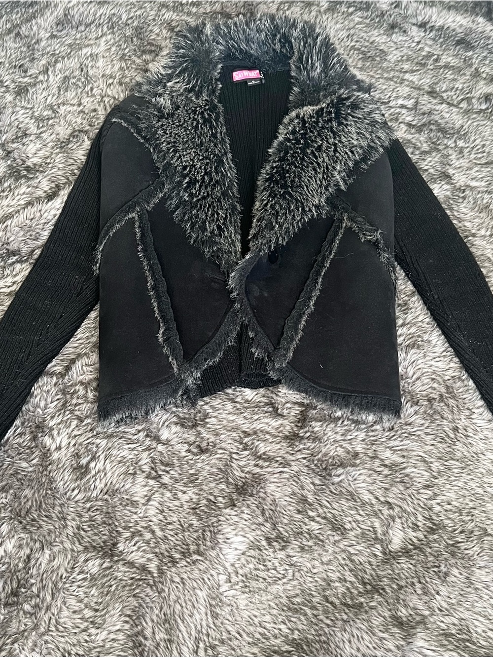 Vintage Y2K Say What? U.S.A. Faux Fur Trim Knit Jacket / Cardigan ✨
